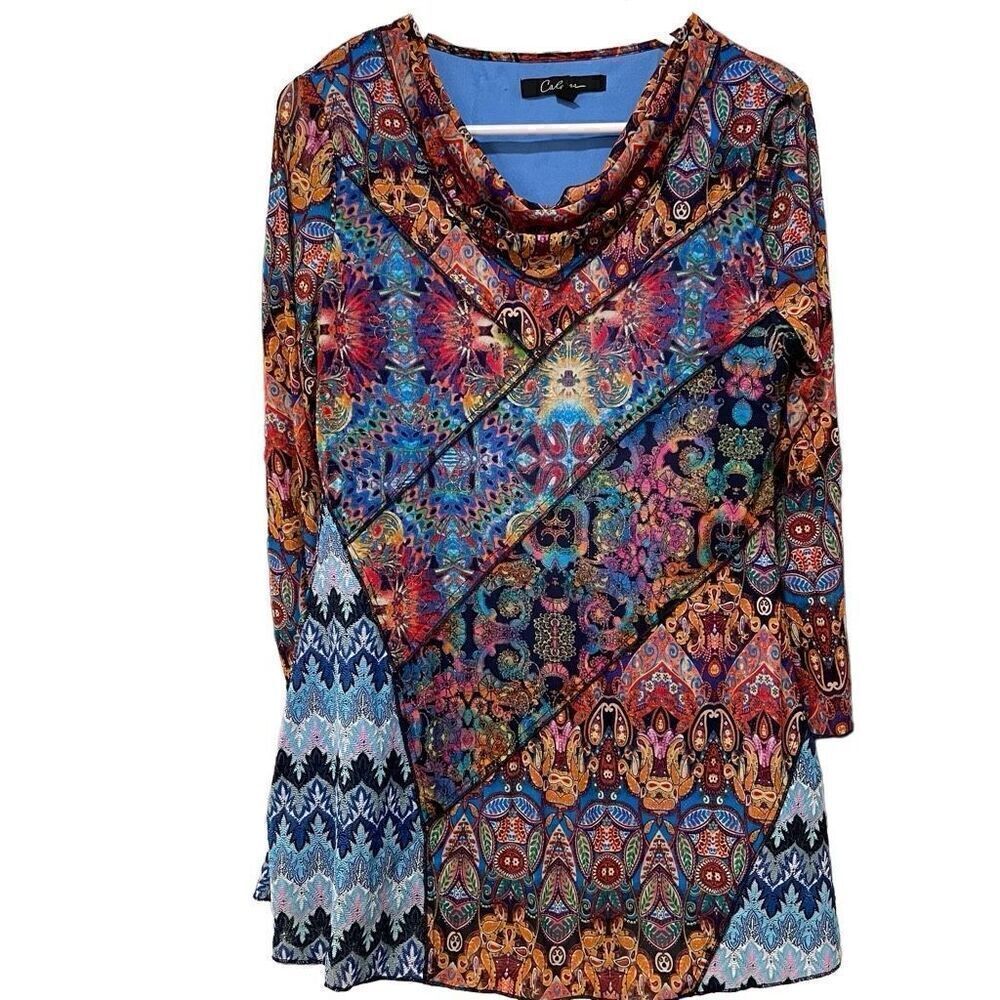 Calessa Womens Tunic S Blue Cowlneck 3/4 Sleeve Crocheted Patchwork Paisley